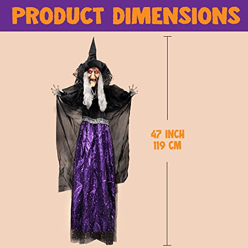 Image of JOYIN 47 inch Animated Witch Halloween Decorations Outdoor Indoor, Scary Halloween Animatronics Decor, Hanging Ghost Talking Sound Activated Led Lights Eyes Haunted House Yard Garden Lawn