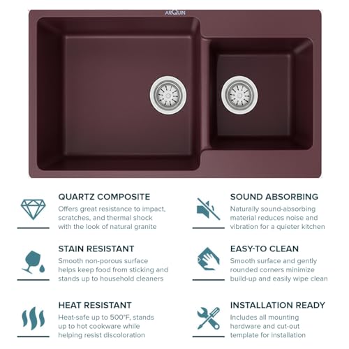 Image of ARQUIN Double Bowl Quartz Kitchen Sink 34x20x9 Inch Brown | Durable & Scratch-Resistant Sink | Undermount,Topmount | Including Coupling,Sink Connector,Waste Pipe & Fruit Washing Basket
