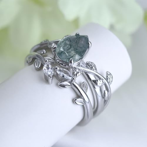 Wasee Natural Moss Agate Ring Set 925 Sterling Silver Green Pear Moss Agate Engagement Ring Wedding Promise Ring Jewelry for Women,Size 92