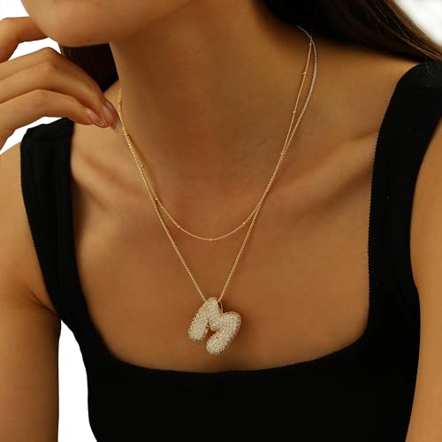 Bubble Letter Necklace Gold for Women，Layered Plated Initial Pendant Puffy Zircon Name Personalized Necklaces Fashion Jewelry for Gifts2