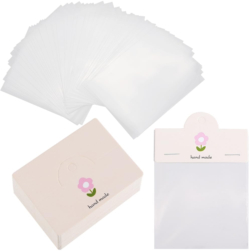 SOFPLATE 120 Sets 2.36 x 3.15 Inch Foldable Jewelry Display Cards Necklace Display Bag Handmade Hanging Paper Header OPP Craft Bags for Showing Bracelets Earrings Rings Keychains Business Package
