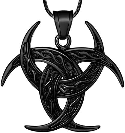 Celtic Knot Necklace Viking Pendant - Norse Mythology Jewelry Triple Odin Horn Crescent Moon Necklace Mens 316L Stainless Steel Triskelion Amulet Pewter Tribal Protection Triskele Jewelry SP0053B