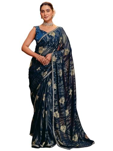 Image of SIRIL Women's Georgette Foil Printed Saree with Unstitched Blouse Piece