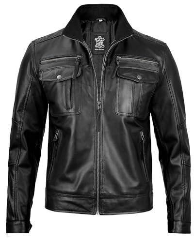Image of Blingsoul Stylish Black & Brown Cafe Racer Leather Jacket For Men - Real Lambskin Leather Motorcycle Jacket Mens