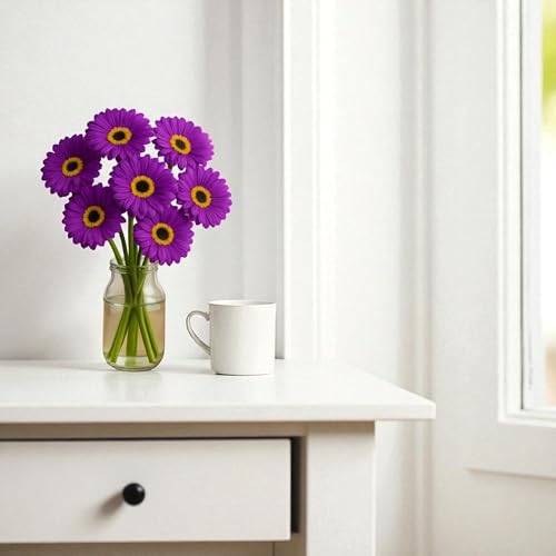 Image of Garden Art Artificial 5 Pcs Gerbera Flower Sticks, 33 cm, RealTouch Natural Looking | Silicone Decorative Bunch for Home GAAGFB-1H-33PL (Purple)