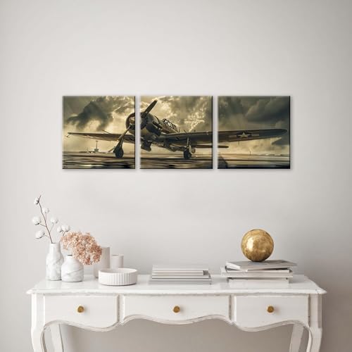 Nan Wind Vintage Aviation 3-Piece Canvas Art Set Retro Classic Warplane Paintings Printed On Waterproof Gallery-Wrapped Framed Canvas Nostalgic Military Aircraft Wall Decor For Home Decorators thumb #5