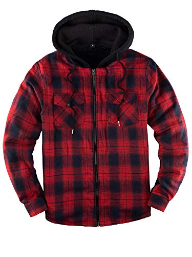 Image of ZENTHACE Men's Sherpa Lined Full Zip Hooded Plaid Shirt Jacket