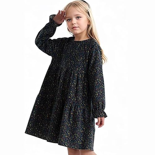 solomate Girls Floral Round Neck Long Sleeve Dresses Elastic Waist Cuffed Sleeves Print Dress for Kids