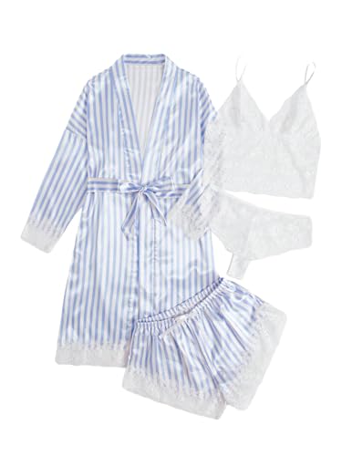 Image of SOLY HUX Women's Satin Pajama Set with Lace Trim - 4-Piece Sleepwear & Robe