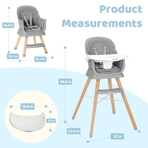 Ezebaby Portable Baby High Chair, High Chairs for Babies and Toddlers with Adjustable Legs, 6-in-1 Convertible to Booster Seat for Dining Table, Toddlers High Chair with Double Cushions - Grey
