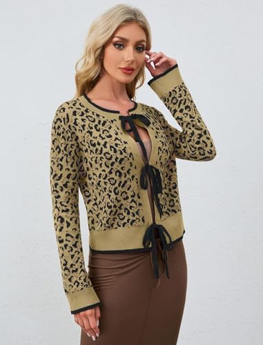 Image of Womens Loose Fit Leopard Print Cardigan Sweater Casual Long Sleeve Crewneck Tie Front Open Front Sweater Tops Apricot
