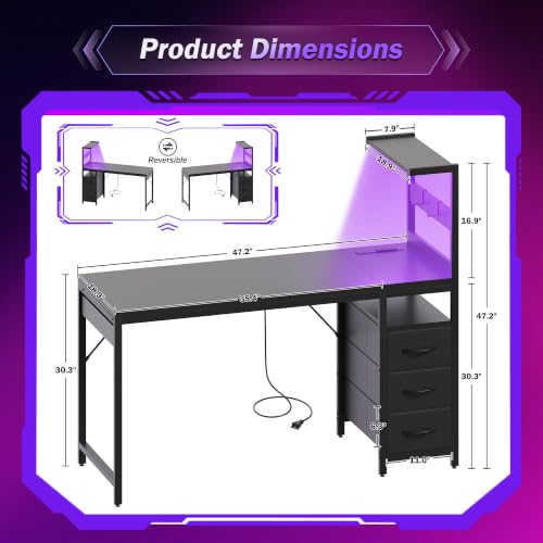 Image of YOUDENOVA 48 Inch Gaming Computer Desk with Led Lights, Small Desk with Storage Shelves and Drawers, Reversible Compact Gamer Table for Home Office, Black