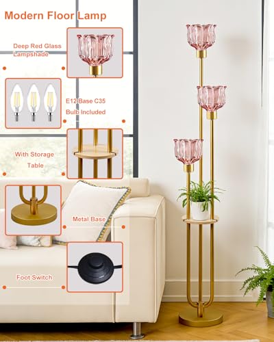 Image of Lightdot Glass Floor Lamp for Living Room 3-Lights Modern Gold Floor Lamp with Rose Red Glass Shade 3000K Bulbs Included Unique Standing Lamp with 5Lbs Heavy Base for Bedroom /Sofa Beside /Corner Decor