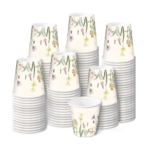 RUSPEPA 2 oz Bathroom Cups Disposable Paper Cups - 100 Pack Wild Flower Design Printed - Mini Mouthwash Rinse Paper Cups for Home Bathroom Picnic Party and Events