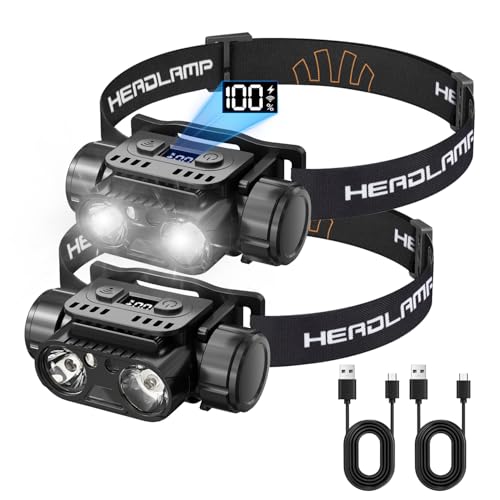 KINGBRO 2Pcs Headlamp, LED Headlamp Rechargeable, High Lumens Bright Head Light with USB-C, Waterproof Sensor Head Lamp for Hard Hat, Running Light for Camping Hiking Fishing (2Pack)