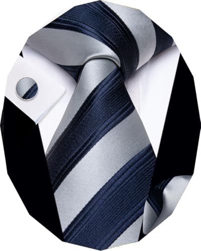 Image of YourTies Striped Ties for Men Classic Woven Silk Necktie with Handkerchief Cufflinks Set Formal Business Party Wedding