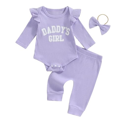 Image of Tsnbre Newborn Baby Girl Outfits Daddys Girls Ruffle Long Sleeve Romper Top Pants Headband Infant Fall Winter Clothes