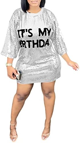 ALLUMK Womens Sexy Shiny Sequin Tunic Dress 3/4 Sleeve Letter Print Mini Dresses Party Club Dress Silver M