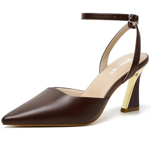 Image of RIBONGZ Comfortable Kitten Heels for Women Pointed Closed Toe Ankle Strap Buckle Heels Slip on Low Heel Church Pumps Wedding Bridal Party Dressy Shoes