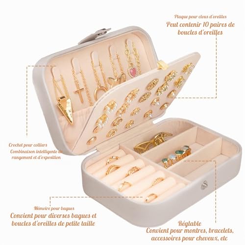 CNMTCCO Petite boîte à bijoux de voyage pour colliers, bagues, bracelets, boucles d'oreilles - Similicuir de qualité supérieure - Boîte cadeau pour filles et femmes (blanc) – vue 4