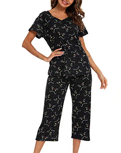 ENJOYNIGHT Pijama corto para mujer, conjunto de pijama de algodón, ropa de dormir de manga corta y pantalón largo 3/4, traje de casa de verano, multicolor, diseño de gato, XXL