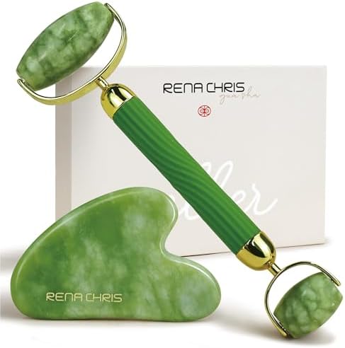 Rena Chris Gua Sha and Face Roller Set: Anti-Breakage Jade Roller for Long-Lasting Use, Jawline Sculpting and Puffiness Reducing, Gua Sha Facial Tools for Self Care Gift (Green)