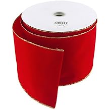 Homeford Velvet Gold Trim Christmas Ribbon Wired Edge, 4-Inch, 50-Yard, Red/Gold