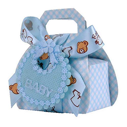 FireAngels - Caja de recuerdos para baby shower, 24 unidades, con forma de oso, para regalo de boda, bautizo, fiesta, chocolate, pastel, caja de caramelos con etiquetas de babero y cintas azul