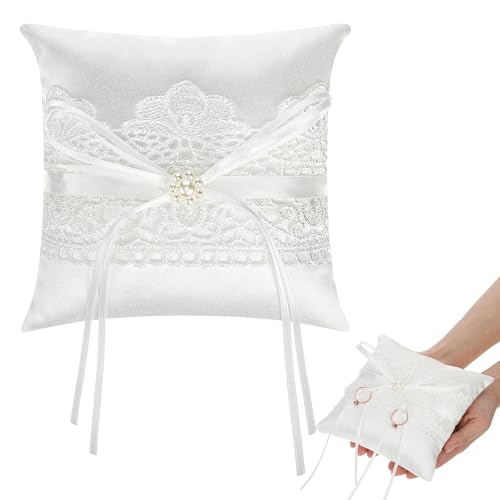 Fiwochic Wedding Ring Bearer Pillow Lace Pearl Ivory Satin Bowknot Ring Bearer Cushion for Ceremony Wedding Party Anniversary(Lace Style)