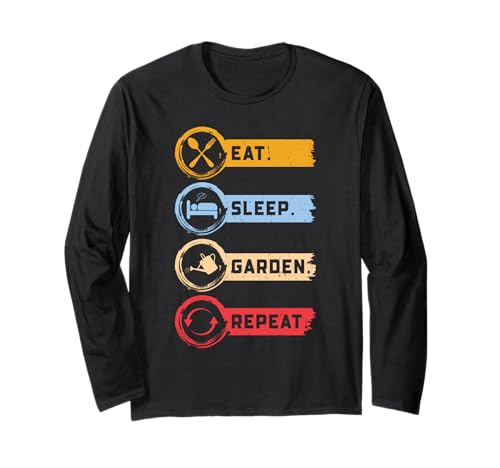 Garden Humour Vintage Gardener Eat Sleep Garden Repeat Manche Longue