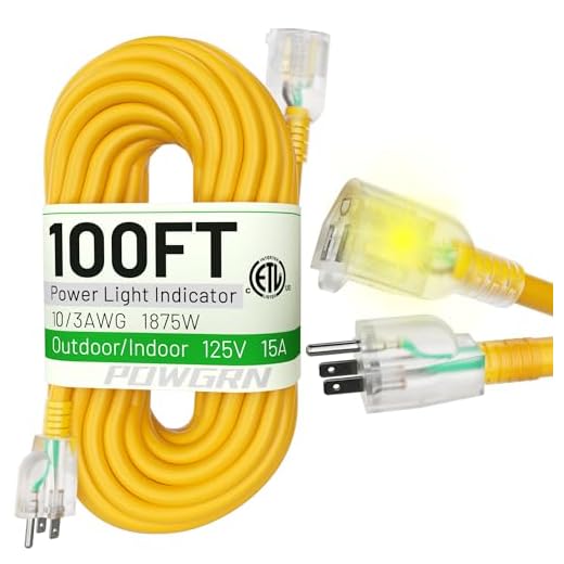 POWGRN 100 Ft 10/3 Outdoor Extension Cord Waterproof Heavy Duty 10 Gauge 3 Prong, Flexible Cold-Resistant Long Power Cord Outside with Lighted Indicator End, 15Amp 1875W SJTW Yellow ETL Listed