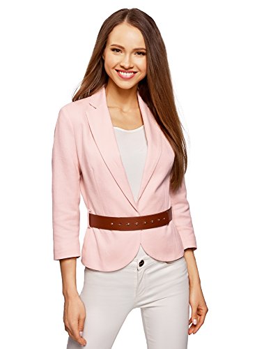 oodji Collection Mujer Chaqueta de Lino con Cinturón Ancho, Rosa, ES 36 / XS