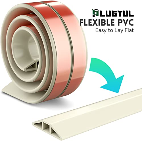 PLUGTUL Floor Cord Cover 5 FT, Cord Covers for Wires on Floor, Self-Adhesive Power Cable Protector, Ideal Extension Cord Cover to Protect Wires On Floor – Cord Cavity = 0.63\" (W) x 0.31\" (H)- White