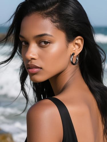 Image of Stainless Steel Chunky Hoop Earrings For Women, Minimalist and Chic, Black /Gold Plated, Round Hoops Earrings Hypoallergenic, Size: 30mm /40mm /60mm /80mm, Come with Box