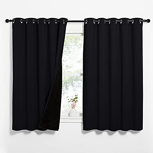 Image of NICETOWN Complete 100% Blackout Curtains, Thermal Insulated & Energy Efficiency Window Draperies with Black Liner, Noise Reducing Short Curtains for Kids Room (Black, 62-inch W by 63-inch L, 2 Panels)