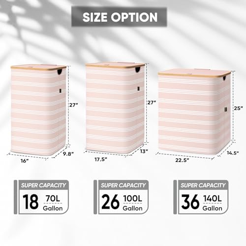 Image of BALEINE Laundry Hamper with Lid, Tall Laundry Baskets with Bamboo Pull Handles, Large Laundry Bin with Internal Support (18 Gal /70L, Pink Pinstripe)
