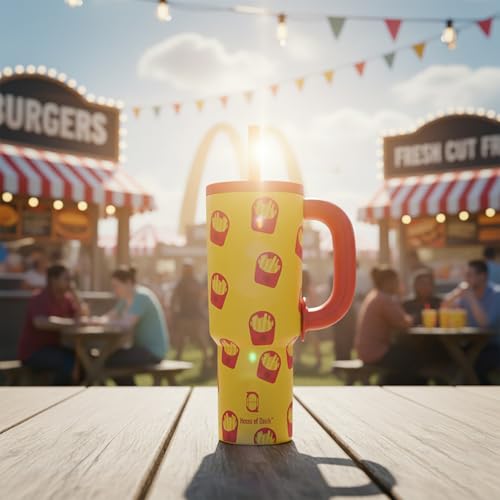 Image of House of Quirk 1200ml Stainless Steel Tumbler with Handle, Straw & Straw Cap | Leakproof Water Bottle | Large Capacity Travel Mug (Hot Fries)