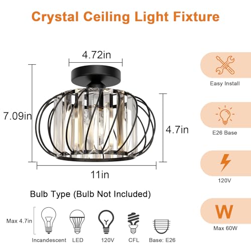 Image of Black Crystal Ceiling Light Fixture - Small Crystal Chandelier Semi Flush Mount Ceiling Light Modern Hallway Lights fixtures for Entryway Bedroom Porch Kitchen (11 Inch, Bulb not Included)