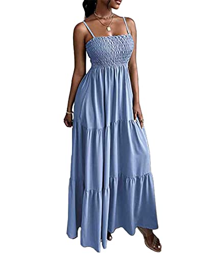 Image of Sexyshine Women's Square Neck Halter Lace Up Criss Cross Maxi Dress Tie Back Sleeveless Smocked Ruched A Line Dress
