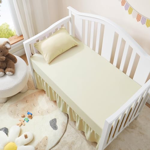 Image of Horbaunal 2 Pack Crib Skirt & Crib Bed Sheet Set, Cream Crib Bed Skirt 28 inch x 52 inch with 14 inch Drop Dust Ruffle, Soft Microfiber Toddler Bedskirt Nursery Bedding Skirt for Baby Girls and Boys