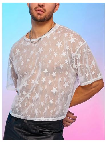 Men's Star Graphic Mesh Sheer Tee Shirt Crew Neck Short Sleeve Party Going Out Tops4