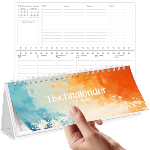 SKYDUE Tischkalender 2026 Quer Kalender 2026 Tischkalender Wochenkalender 2026 Stehkalender Mit 1 Woche 2 Seiten Terminkalender 29 7 X 11 7 Cm(Orange)