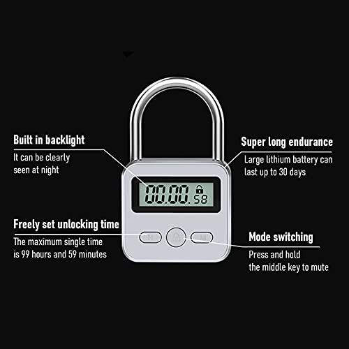 Image of Metal Timer Lock, 99 Hours Max Timing Lock, USB Rechargeable Timer Padlock with LCD Display, Multi-Function Micro Electronic Timer Lock, Heavy Duty Metal Time Out Padlock(Silver)