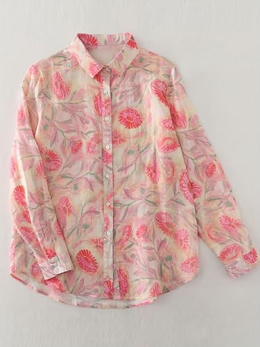 Image of Womens Cotton Floral Button Down Shirt Lightweight Long Sleeve Casual Blouse Collared Top with Pink Flower Print for Office Wear Daily Outfits Travel Brunch and Comfortable Everyday Use