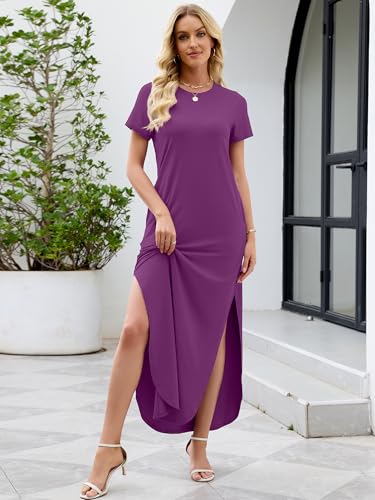 Image of Heymoments Womens Summer Maxi Dress Short Sleeve Casual Loose Long T Shirt Split Vacation Beach Sundress with Pockets