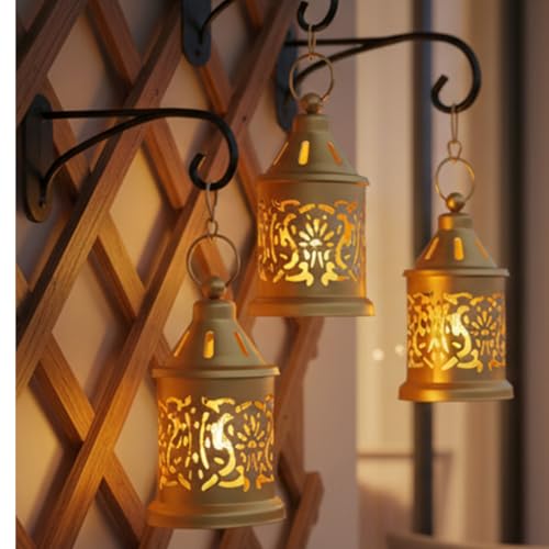 Image of Hanging Metal Candle & Tealight Holder Lantern Set with LED Candle - Decorative Golden Vintage Lanterns for Home Decor, Living Room,Balcony, Garden & Festival Gifting (Set of 1)