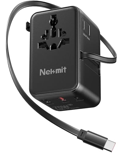 70W Universal Travel Adapter Nekmit International Power Adapter with Retractable USB C Fast Charger Cable 6-Port Travel Plug with 2 AC 2 USB-A and 2 USB-C Ports Compatible with Over 200 Countries
