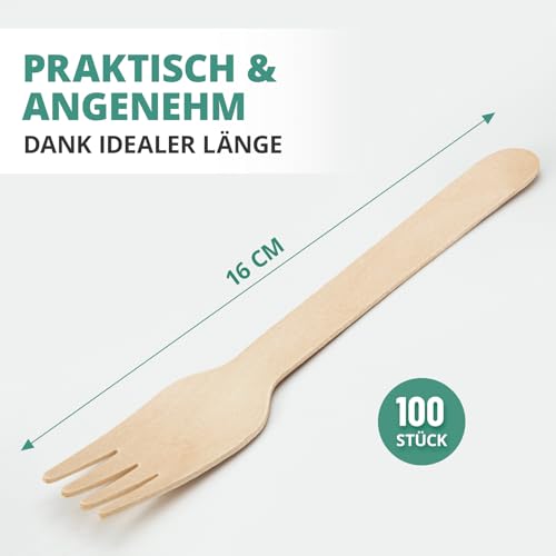 Gabeln 16 cm 100 Stück Einweg I Einwegbesteck aus Birkenholz I kompostierbar, unbehandelt & lebensmittelecht I Einweggabel Besteck für Dessert & Party