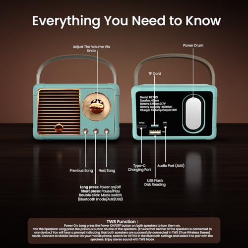 Image of Walta Elite Retro Portable Bluetooth Speaker, Vintage Design, Blue, 10W, TWS Mode, BT 5.4, USB /AUX /TF, Type-C Charging, up to 5Hrs Playtime