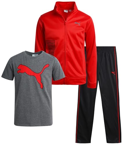 PUMA Boys' Pants Set - 3 Piece Athletic T-Shirt, Zip Up Jacket, Jogger Pants - Boys Activewear Tricot Jogset (4-16)